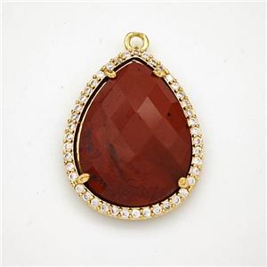 Red Jasper Teardrop Pendant Copper Pave Zirconia Gold Plated, approx 19-25mm