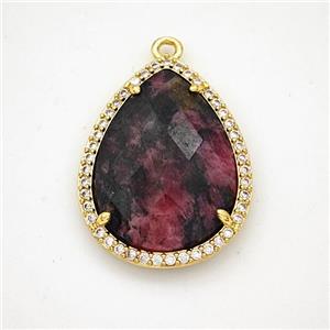 Rhodonite Teardrop Pendant Copper Pave Zirconia Gold Plated, approx 19-25mm