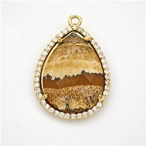 Picture Jasper Teardrop Pendant Copper Pave Zirconia Gold Plated, approx 19-25mm