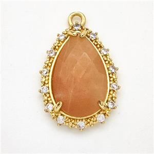 Peach Sunstone Teardrop Pendant Copper Pave Zirconia Gold Plated, approx 15-20mm