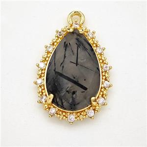 Black Rutilated Quartz Teardrop Pendant Copper Pave Zirconia Gold Plated, approx 15-20mm