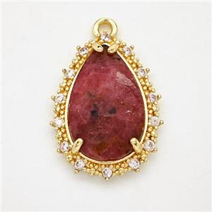 Red Rhodonite Teardrop Pendant Copper Pave Zirconia Gold Plated, approx 15-20mm