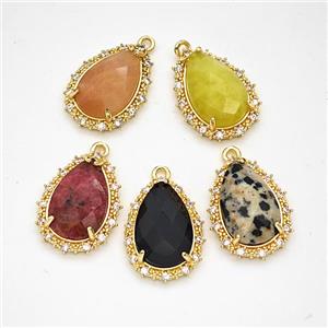 Natural Gemstone Teardrop Pendant Copper Pave Zirconia Gold Plated Mixed, approx 15-20mm