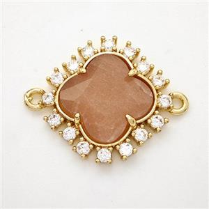 Natural Peach Moonstone Clover Connector Copper Pave Zirconia Gold Plated, approx 20mm