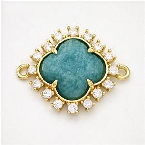 Natural Green Amazonite Clover Connector Copper Pave Zirconia Gold Plated, approx 20mm