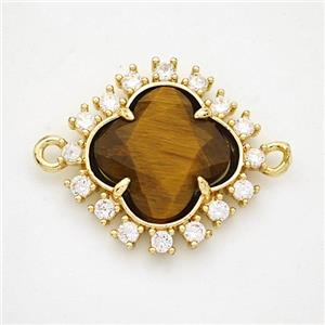 Natural Tiger Eye Stone Clover Connector Copper Pave Zirconia Gold Plated, approx 20mm