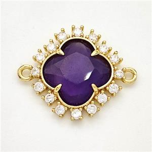 Natural Purple Amethyst Clover Connector Copper Pave Zirconia Gold Plated, approx 20mm