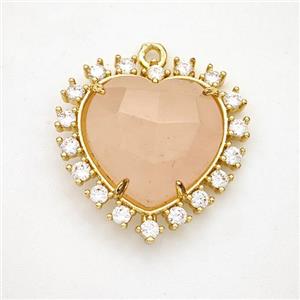 Natural Pink Rose Quartz Heart Pendant Copper Pave Zirconia Gold Plated, approx 20mm