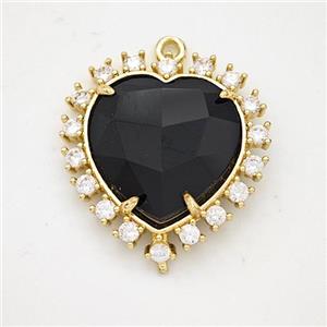 Natural Black Obsidian Heart Pendant Copper Pave Zirconia Gold Plated, approx 20mm