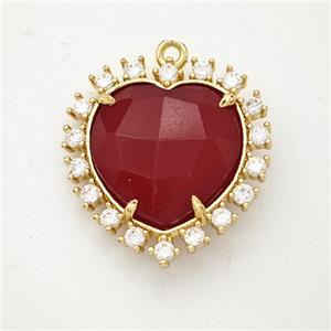 Natural Agate Red Dye Heart Pendant Copper Pave Zirconia Gold Plated, approx 20mm