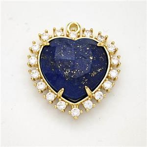 Natural Blue Lapis Lazuli Heart Pendant Copper Pave Zirconia Gold Plated, approx 20mm