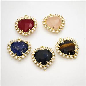 Natural Gemstone Heart Pendant Copper Pave Zirconia Gold Plated Mixed, approx 20mm