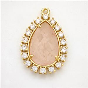 Pink Rose Quartz Teardrop Pendant Copper Pave Zirconia Gold Plated, approx 17-22mm