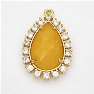 Golden Dye Jade Teardrop Pendant Copper Pave Zirconia Gold Plated, approx 17-22mm