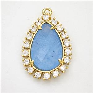 Blue Dye Jade Teardrop Pendant Copper Pave Zirconia Gold Plated, approx 17-22mm