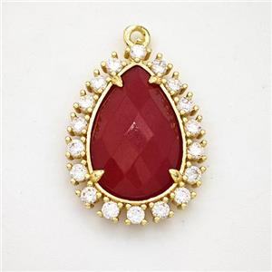 Red Dye Jade Teardrop Pendant Copper Pave Zirconia Gold Plated, approx 17-22mm