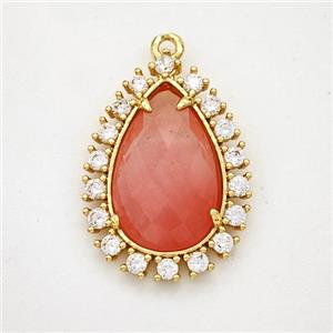 Pink Dye Jade Teardrop Pendant Copper Pave Zirconia Gold Plated, approx 17-22mm