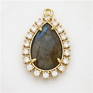 Labradorite Teardrop Pendant Copper Pave Zirconia Gold Plated, approx 17-22mm