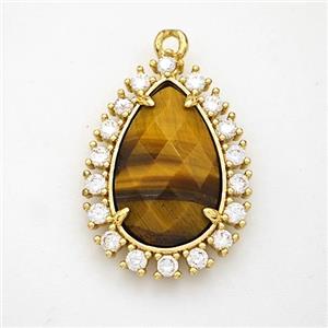 Tiger Eye Stone Teardrop Pendant Copper Pave Zirconia Gold Plated, approx 17-22mm