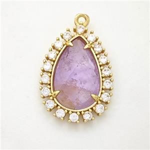 Lt.purple Amethyst Teardrop Pendant Copper Pave Zirconia Gold Plated, approx 17-22mm