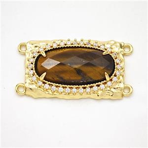 Tiger Eye Stone Oval Connector Copper Pave Zirconia Gold Plated, approx 16-26mm