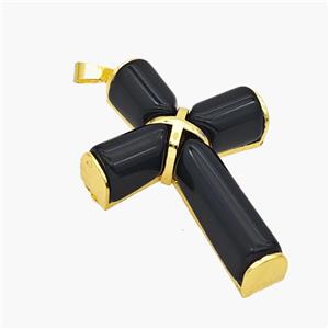 Natural Black Obsidian Cross Pendant Alloy Gold Plated, approx 30-45mm