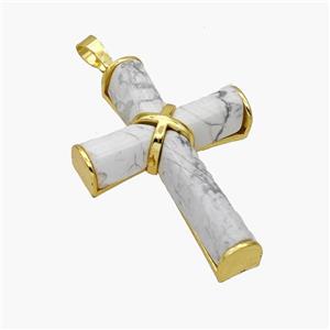 Natural White Howlite Turquoise Cross Pendant Alloy Gold Plated, approx 30-45mm