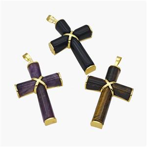 Natural Gemstone Cross Pendant Alloy Gold Plated Mixed, approx 30-45mm