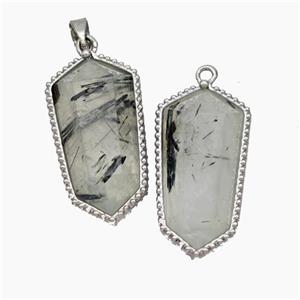 Natural Black Rutilated Quartz Prism Pendant Platinum Plated, approx 12-14-25mm