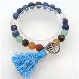 Chakra Bracelets with sodalite, tassel, tree of life, stretchy, approx 8mm dia