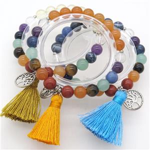Chakra Gemstone Bracelets with tassel, tree of life, mixed, stretchy, approx 8mm dia
