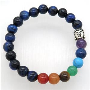 Chakra Bracelets with blue tiger eye stone, buddha, stretchy, approx 8mm dia