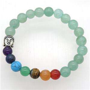 Chakra Bracelets with green aventurine, buddha, stretchy, approx 8mm dia