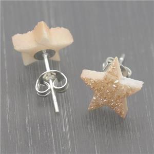 champagne Quartz Druzy Stud Earrings, Star, approx 10mm