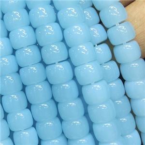 blue Jadeite Glass beads, barrel, approx 8mm