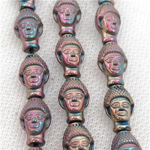 Hematite buddha beads, fuchsia electroplated, approx 9-14mm