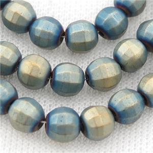 matte Hematite lantern beads, bluegold electroplated, approx 4mm dia