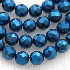 Hematite beads, faceted round, blue electroplated, approx 3mm