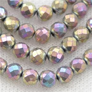 Hematite beads, faceted round, multicolor electroplated, approx 8mm