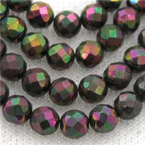 Hematite beads, faceted round, multicolor electroplated, approx 2mm