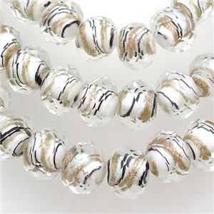 white Lampwork glass beads, faceted rondelle, approx 10mm