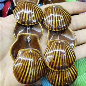 Coffee Porcelain Pendant Scallop Shell Shape, approx 35-37mm, 10pcs per st