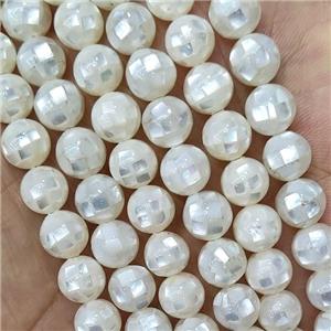 Round MOP Shell Beads White Faceted, approx 14mm dia