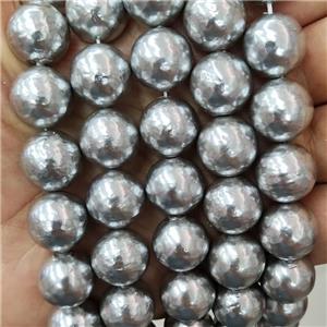 Baroque Style Pearlized Shell Beads Round Silver Gray Hammered, approx 14mm