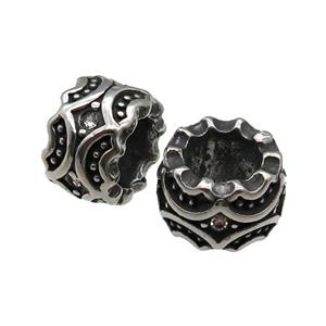 Stainless Steel tube Beads pave rhinestone, large hole, antique silver, approx 11mm, 6mm hole