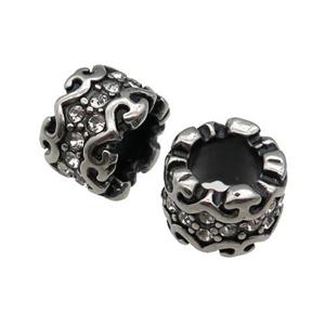 Stainless Steel tube Beads pave rhinestone, large hole, antique silver, approx 11mm, 6mm hole