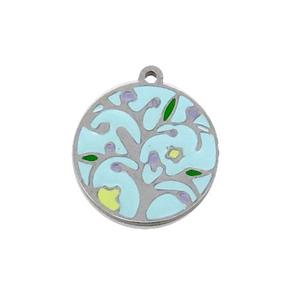 Raw Stainless Steel Circle Pendant Tree Of Life Multicolor Enamel, approx 16.5mm dia