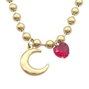 Stainless Steel Necklace Moon Gold Plated, approx 18mm, 10mm, 6mm, 45cm length