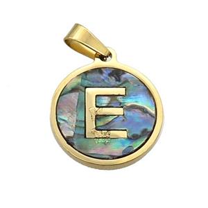 Stainless Steel Pendant Pave Abalone Shell Letter-E Gold Plated, approx 15mm dia