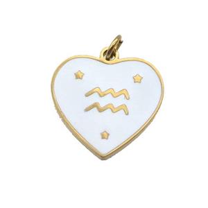 Stainless Steel Heart Pendant White Enamel Zodiac Aquarius Gold Plated, approx 15mm